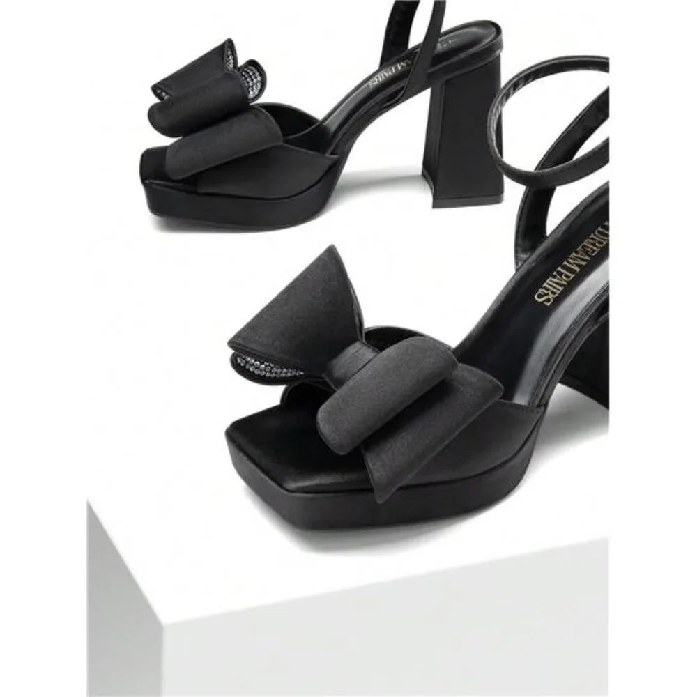 NEW -‎ Elegant Black Chunky Platform Bow Knot Ankle Strap Heeled Sandals